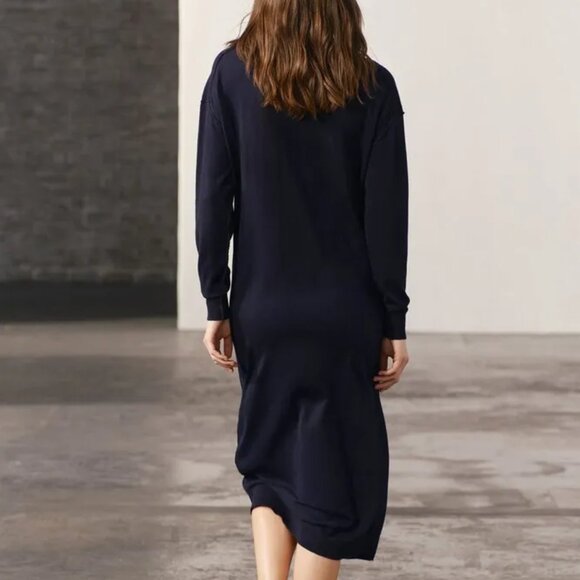 Zara Navy Blue Midi Knit Dress With Side Buttons Size S NWT - Picture 3 of 8